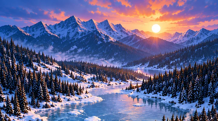 Pine Lake: frozen lake below snowy peaks at sunset, pine forest on the shore