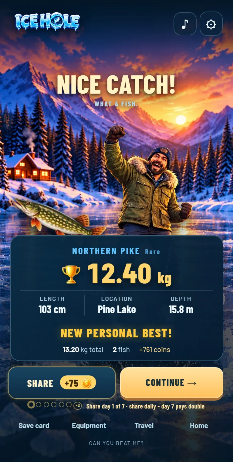 The catch screen: a 12.40 kilogram northern pike from Pine Lake, marked as a new personal best