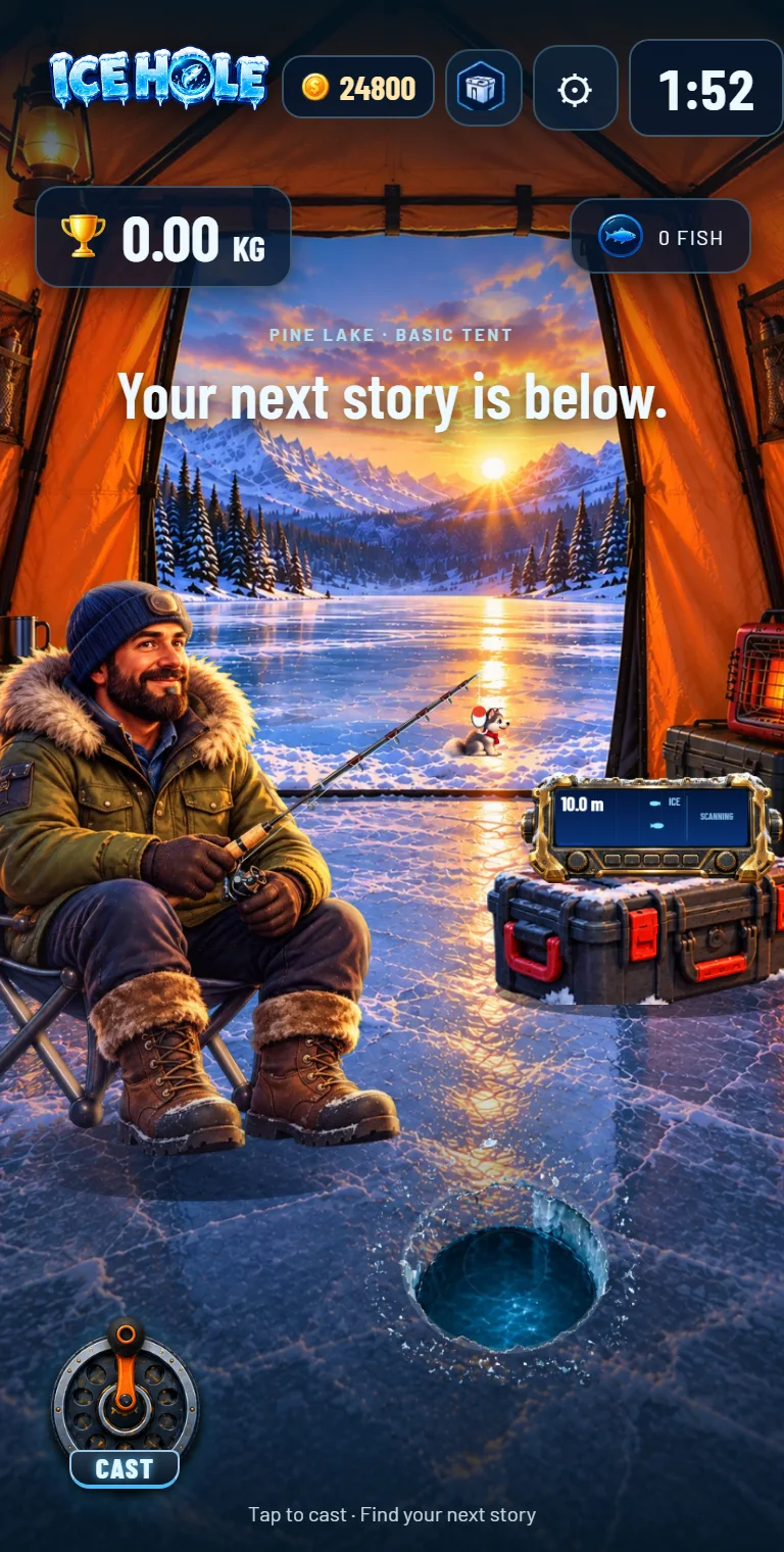 Ice Hole on a phone: the angler sits in an orange tent beside a fresh ice hole on Pine Lake, with the sonar unit scanning at 10 metres