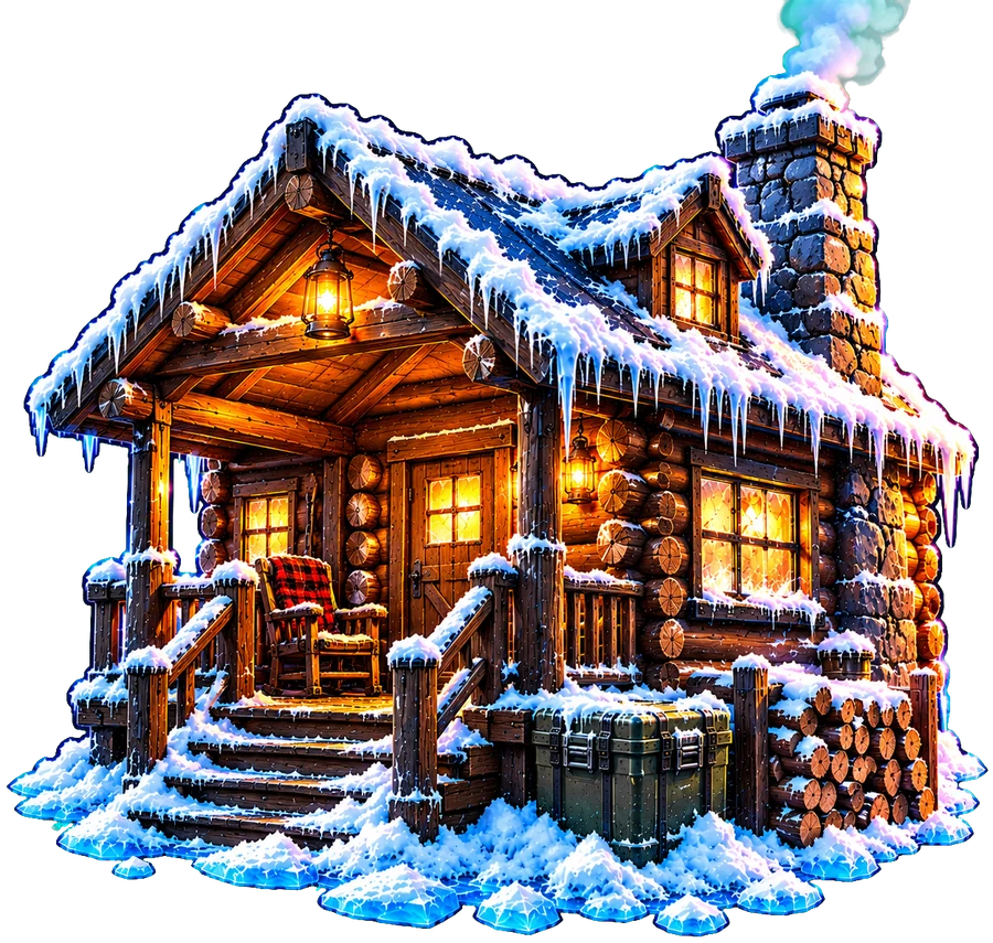 Log cabin with a stone chimney and a porch