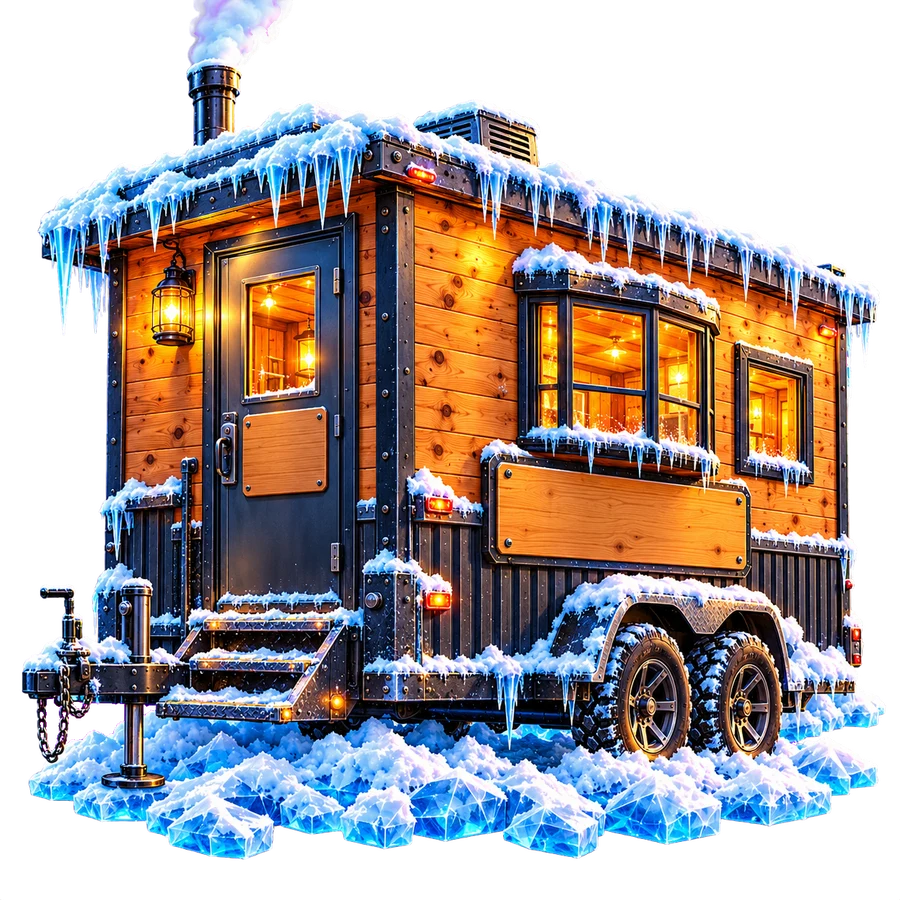 Fish House Cabin: a wooden cabin on a trailer, lit from inside