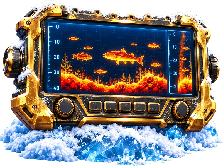 Gold-framed sonar unit showing fish on its screen